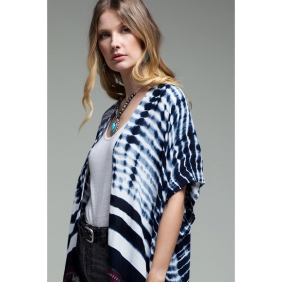 SOLD OUT Indigo Tie Dye Jacquard Ethnic Boho Bohemian Motif Open Kimono Wrap - Picture 2 of 7